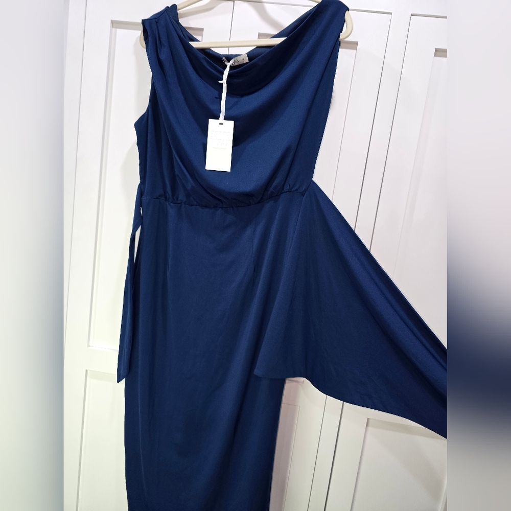 NWT Grace Karin Navy Blue One-Shoulder Faux Wrap Dress – Size Large - Picture 12 of 16